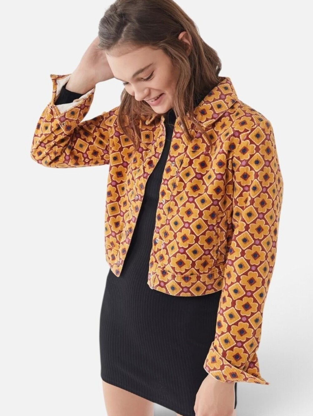 Urban Outfitters Sofie Floral Corduroy Crop Trucker Jacket Sz.M 70s Groovy